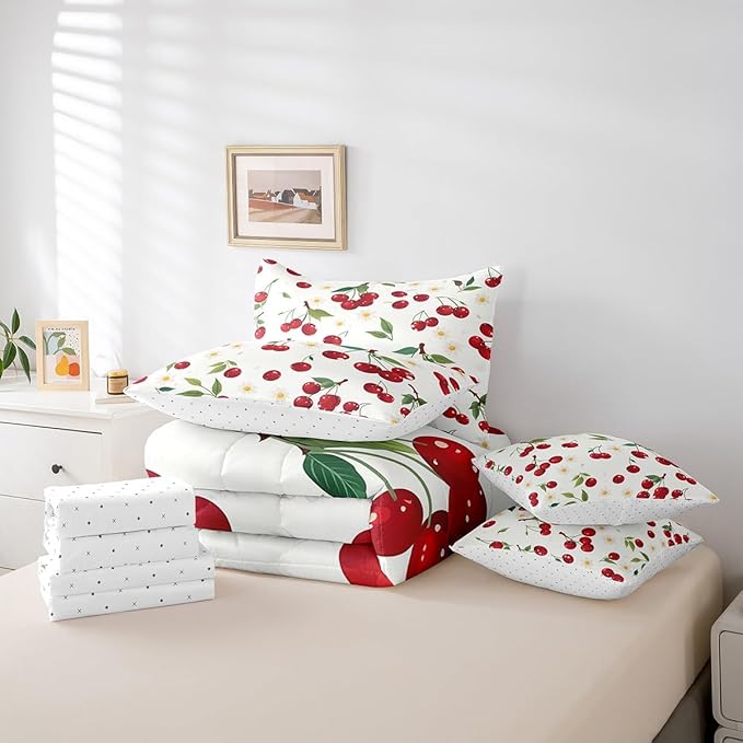 Cherry King Comforter Set with Sheets Bed in a Bag 7 Pcs,Red Cherry Fruits Rustic Style Bed Set,Watercolor Daisy Flowers Bedding Sets with Comforter,Flat,Fitted Sheet,Pillowcases,Pillow Covers