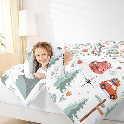 Kids Camper Theme Comforter Set Full 3Pcs, Happy Camping Bedding for Toddler, Travel Car Rv Accessories Down Comforter, Botanical Flowers Mountain Adventure Quilt, Cute Camper Duvet Set Room Decor