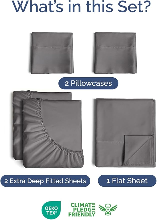 Extra Deep Pocket Split King Size Sheet Set - 5 Piece Breathable & Cooling Bed Sheets - Hotel Luxury Bedding w/ 16 to 21 inch Extra Deep Pockets - Soft, Fade & Wrinkle Resistant - Oeko-Tex - Dark Grey