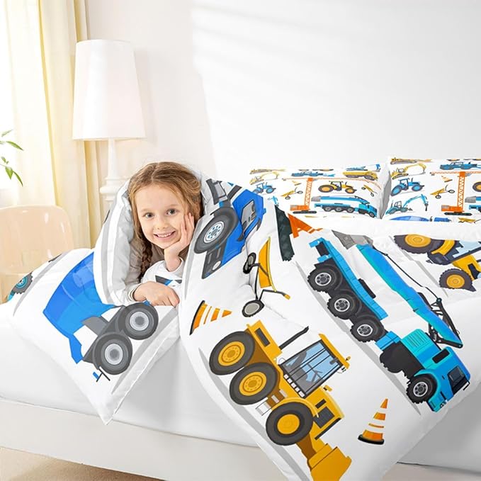 Tractor Comforter Set King Excavator Bedding Set For Boys Kid Construction Trucks Down Comforter Yellow Blue Equipment Truck Machinery Vehicle Bedroom Decor Forklift Bulldozer Crane Duvet Insert