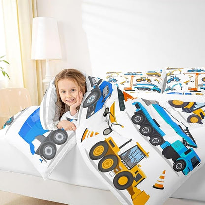 Tractor Comforter Set King Excavator Bedding Set For Boys Kid Construction Trucks Down Comforter Yellow Blue Equipment Truck Machinery Vehicle Bedroom Decor Forklift Bulldozer Crane Duvet Insert