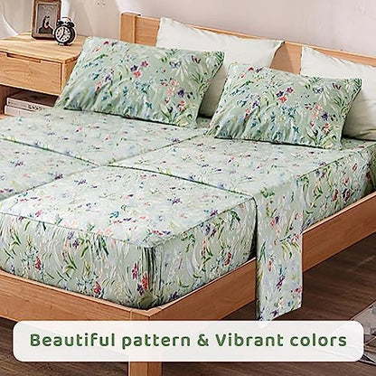 QSH 100% Cotton Sheets for Split King Size Bed, Pattern Botanical Luxury Cotton Printed Floral Bedding Sheets Soft and Breathable 5pcs Deep Pocket Queen Sheet Set
