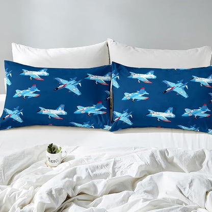 Castle Fairy Kids Aircraft Bedding Set Cartoon Transportation Vehicles Duvet Cover Set Boys Airplane Comforter Cover Navy Blue Bedspread Cover Bedroom Quilt Cover Twin with 1 Pillowcase,No Comforter