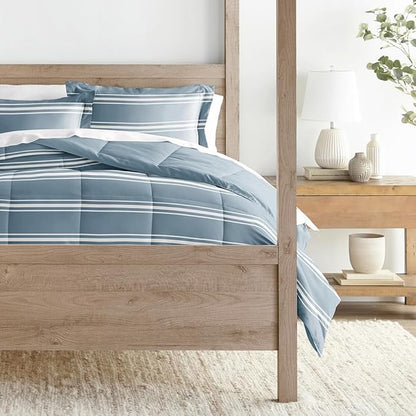LINENS & HUTCH Comforter Set Patterned Microfiber All Season Down-Alternative Ultra Soft Bedding in Soft Stripe - Twin/TwinXL Soft Stripe Light Blue