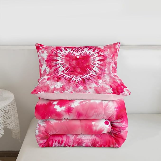 Rose Red Tie Dye Comforter Set Full Size,Pink Cute Heart Bedding Set 3pcs for Kids Teens Girls Adults Room Decor,Art Graffiti Quilt Set Modern Fashion Duvet Insert with 2 Pillowcases