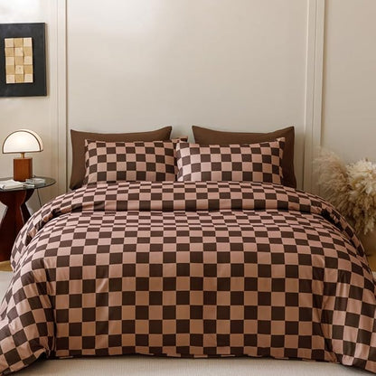 CLOTHKNOW Dark Brown Plaid Queen Comforter Set Grid Bedding Comforter Sets Soft Checkerboard Geometric Comforter with 2 x Pillow Cases