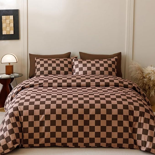 CLOTHKNOW Dark Brown Plaid Queen Comforter Set Grid Bedding Comforter Sets Soft Checkerboard Geometric Comforter with 2 x Pillow Cases