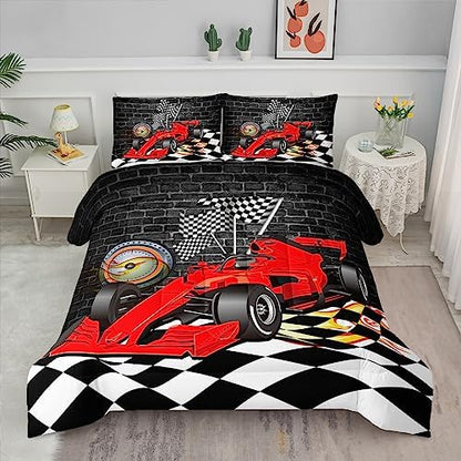 Axolotl Race Car Comforter Set Queen Size,Extreme Sports Bedding Set for Boys Teens Kids Girls Room Decor,Cool Speed Car Quilt Bed Set with 1 Comforter 2 Pillowcases Car Racing Gifts,Black Red