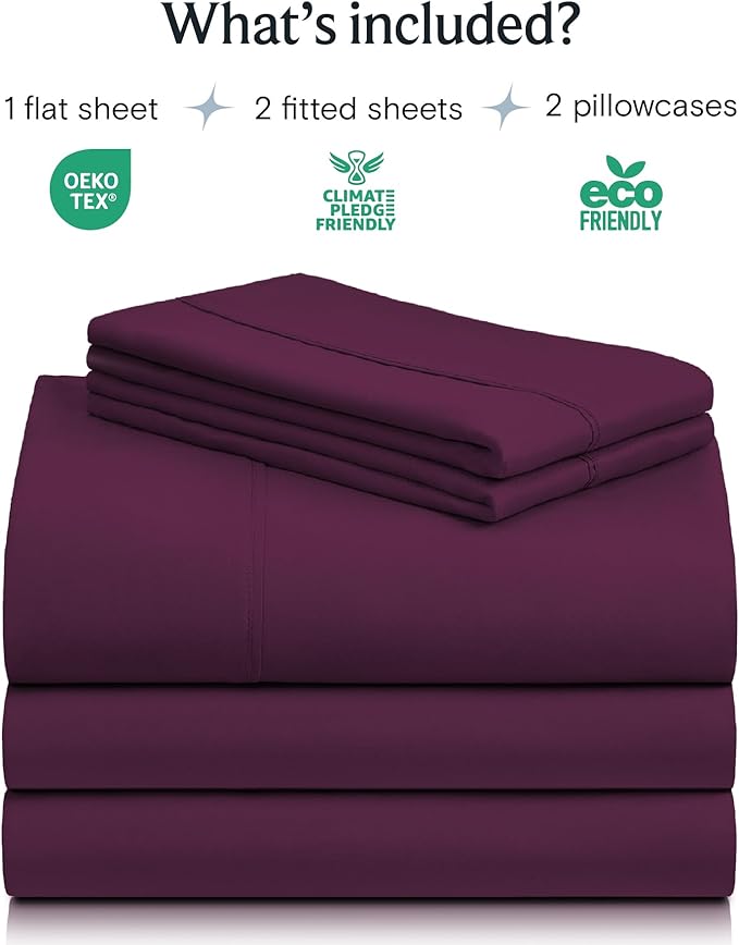 LuxClub 5 PC Split King Sheet Set, Breathable Luxury Bed Sheets, Deep Pockets 18" Eco Friendly Wrinkle Free Cooling Sheets Machine Washable Hotel Bedding Silky Soft - Eggplant Split King