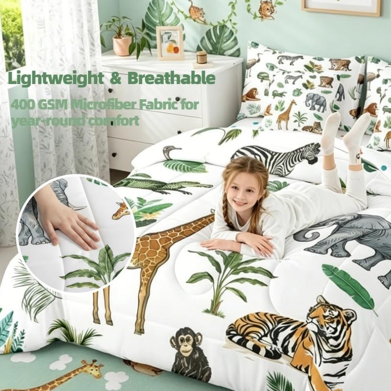 Erosebridal Wild Animal Kids Comforter Set Full 7 Piece Cartoon Elephant Giraffe Bed in A Bag Safari Animals Bedding Sets for Kids Crocodile Tiger Zebra Palm Tree Tropical Sheet Set with Comforter