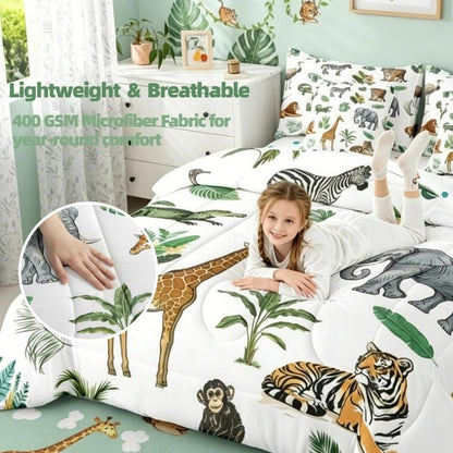 Erosebridal Wild Animal Kids Comforter Set Full 7 Piece Cartoon Elephant Giraffe Bed in A Bag Safari Animals Bedding Sets for Kids Crocodile Tiger Zebra Palm Tree Tropical Sheet Set with Comforter