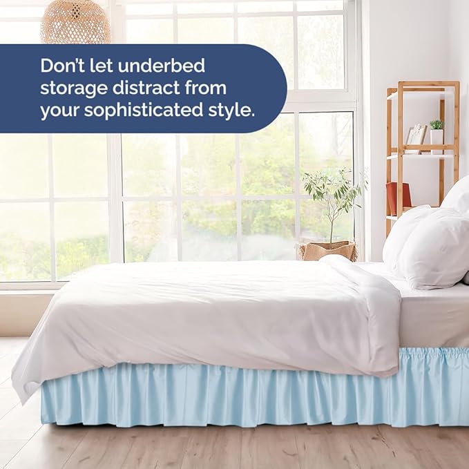 Wrap Around Dust Ruffle Bed Skirt - Light Blue - for Queen Size Beds with 12 Inch Drop - Elastic Strap - Adjustable Pleated Bedskirt with Brushed Fabric and Wrinkle Free - For Women, Men, Kids & Teens