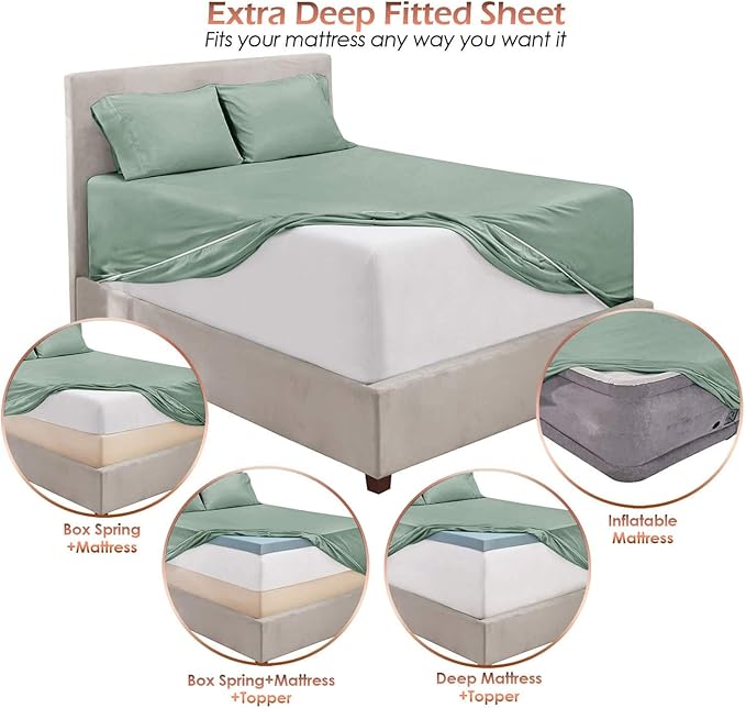 Hearth & Harbor Bed Sheets, Luxury Soft 6 Piece Bed Sheet Set Extra Deep Pocket Fitted Sheets Fits Mattress up to 21", Double Brushed Bedding Sheets & Pillowcases, Twin, Ice Green
