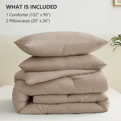 CozyLux King Size Comforter Set Khaki, 3 Pieces Solid Comforters King Size Breathable Quilted Bedding Sets, Luxury Soft Lightweight Bed Set with Down Alternative Comforter and 2 Pillowcases All Season