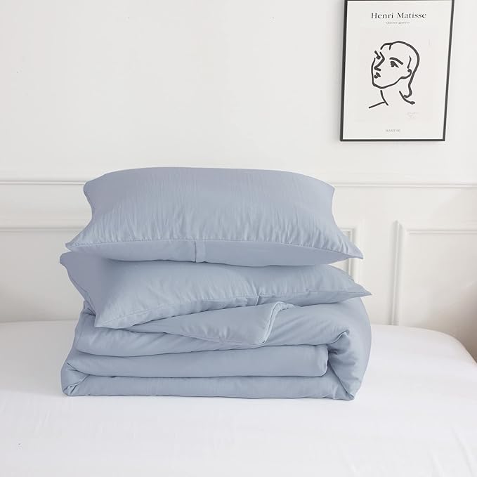COTTEBED Solid King Bedding Comforter Sets - Super Soft Fully Thin Lightweight Washed Cotton Microfiber - 1 Bed Blanket Down Comforter and 2 Pillow Shams Set (King/California King,Light Dusty Blue)