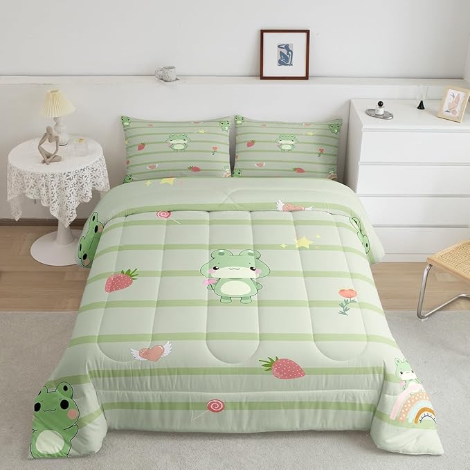 Castle Fairy Cute Frog Comforter King Size,Pink Strawberry Sweet Fruits Comforter Set Bedding Set for Kids Adults,Light Green Frogs Stripes Duvet Set Ultra Soft Room Decor 3Pcs Quilt Set