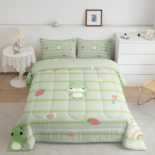 Cute Frog Comforter Set for Kids,Pink Strawberry Sweet Fruits Bedding Sets Teens Cute Room Decor,Light Green Frogs Stripes Duvet Set Quilt Set Twin 1 Comforter with 1 Pillow Case