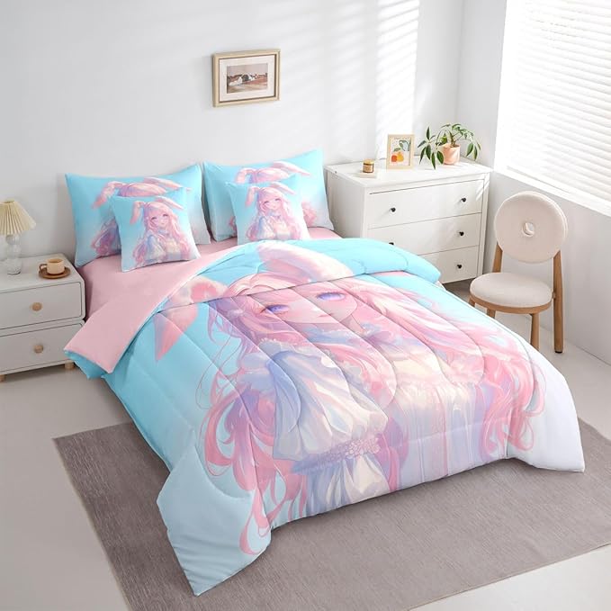 Erosebridal 3D Anime Girl Bedding Set,Japanese Girl Bed in A Bag Cartoon Anime Queen Comforter Set 7 Piece for Kids Teen Women Room Decor,Pink Kawaii Rabbit Doll Blue Bed Set