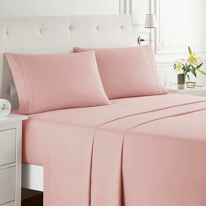 Clara Clark Bed Sheets, Premier 1800 Series Bed Sheet Set, Deep Pocket, Wrinkle, Fade, Stain Resistant, Luxury Soft Bedding Sheets & Pillowcases, Full, Pink Beige