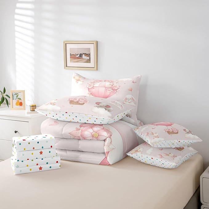 Pink Floral Hot Air Balloon Comforter Set King Size,Cute Animal Rabbit Elephant Bed Set 7pcs with Comforter,Fitted Sheet,Flat Sheet,2 Pillowcases,2 Throw Pillow Covers,Butterfly Bedding Set