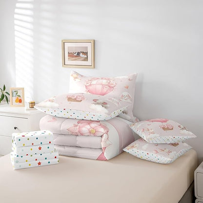 Pink Floral Hot Air Balloon Comforter Set King Size,Cute Animal Rabbit Elephant Bed Set 7pcs with Comforter,Fitted Sheet,Flat Sheet,2 Pillowcases,2 Throw Pillow Covers,Butterfly Bedding Set