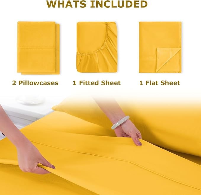 Full Size Bed Sheet Set - 4 Piece Soft Microfiber Sheets with Deep Pockets, Cooling Technology, and Wrinkle-Free Pillowcase. Hotel-Quality, Durable Bedding, Spectra Yellow