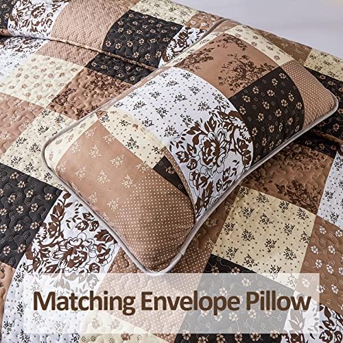 Mybedsoul Boho Quilts Queen Size, Patchwork Fall Bedding Set, Khaki