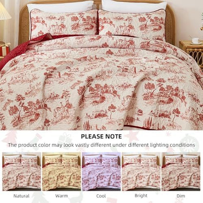 Drucon Queen Red Quilt Set,Christmas Toile Lightweight Bedspreads Coverlet Bedding Set,Soft Microfiber Quilt Bed Cover for All Season - 3 Piece (1 Quilt,2 Pillow Shams)