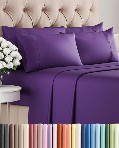 Queen 6 Piece Sheet Set - Comfy Breathable & Cooling - Ultra Soft Hotel Luxury Bedding Set w/ 8-16 Inch Deep Pockets - 1 Flat & 1 Fitted Sheet & 4 Pillowcases - Cozy, Wrinkle Free & Easy Care - Purple