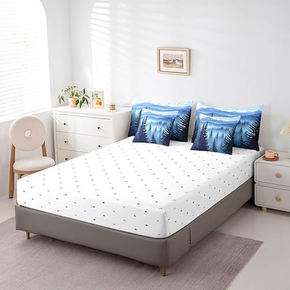 Erosebridal Dark Blue Queen Comforter Set with Sheets Mountain Pine Tree Forest Bedding Sets 7 Piece Rustic Woodland Nature Landscape Bed in A Bag for Kids Boys Teen Men,Soft Lightweight Bed Set
