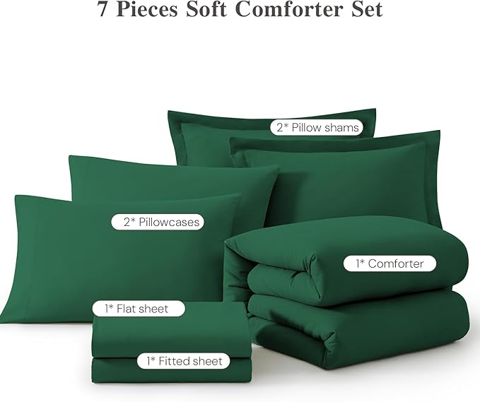 WRENSONGE Full Size Comforter Sets, 7 Pieces Emerald Green Bed in a Bag with Fitted Sheet, Flat Sheet, 2 Pillow Shams, 2 Pillowcases, Warm Bedding Sets for All Season