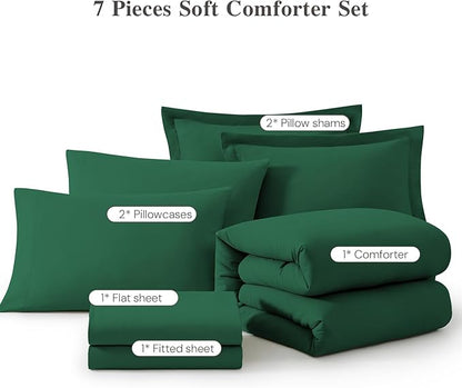 WRENSONGE Full Size Comforter Sets, 7 Pieces Emerald Green Bed in a Bag with Fitted Sheet, Flat Sheet, 2 Pillow Shams, 2 Pillowcases, Warm Bedding Sets for All Season