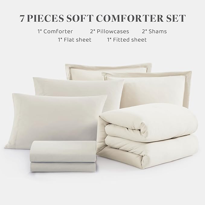 WRENSONGE Queen Comforter Set - 7 Pieces White Soft Bed in a Bag Queen with Fitted Sheet, Flat Sheet, 2 Pillow Shams, and 2 Pillowcases- Warm Bedding Sets for All Season