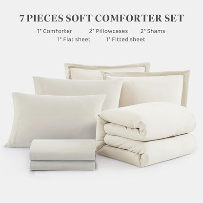WRENSONGE King Comforter Set, 7 Pieces White Soft Bed in a Bag King with Fitted Sheet, Flat Sheet, 2 Pillow Shams, and 2 Pillowcases- Warm Bedding Set for All Season