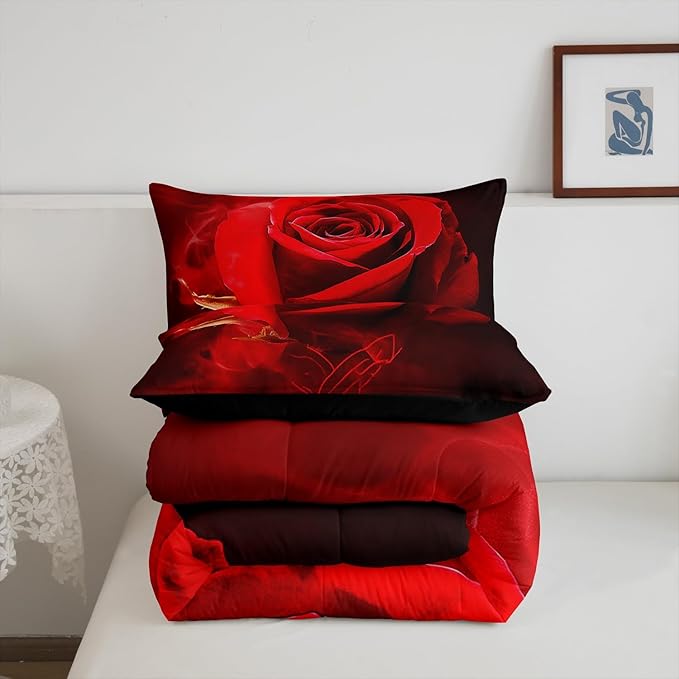 Erosebridal 3D Red Rose Comforter King,Romantic Floral Down Comforter for Girls Women Valentine's Day Gift,Ombre Botanical Flowers Bedding Soft Microfiber 3Pcs Quilted Duvet (1 Quilt+2 Pillow Cases)