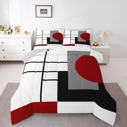 Erosebridal White Black Red Striped King Bedding Set Boho Modern Geometric Abstract Comforter Set for Adult Women Men Stripes Lines Bed Collections Minimalist Square and Circle Quilt Sets