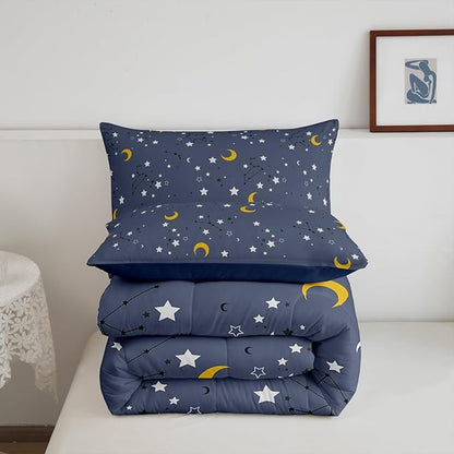 Erosebridal Moon & Stars Bedding Boys Girls 3Pcs Galaxy Comforter Set for Kids Toddler Teen, Dreamy Moon Stars Bedding Sets Constellation Space Illustration Duvet Set with 2 Pillowcases, King