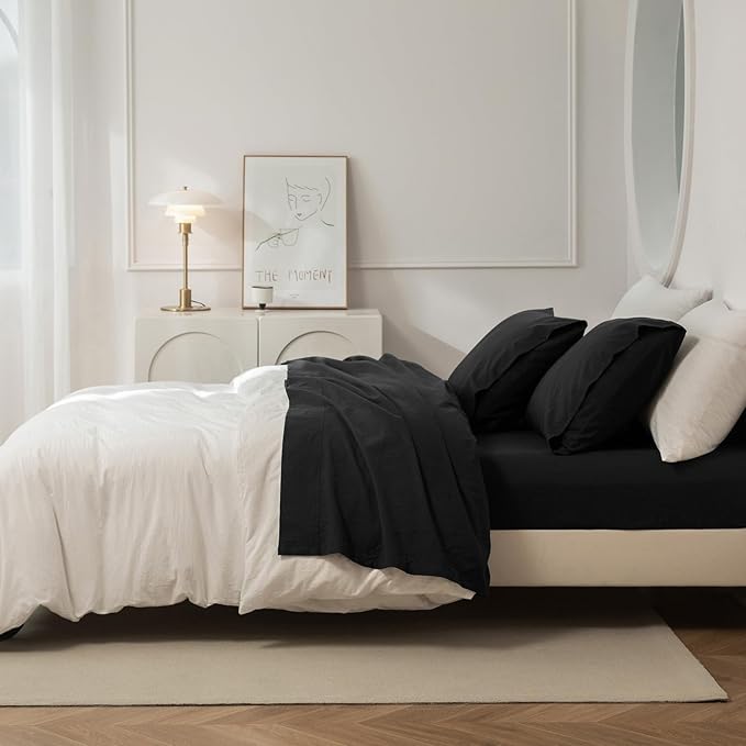 JIYUAN Queen Size Sheet Set, 4-Piece - 100% Washed Cotton, Linen-Like Soft & Breathable, Includes Deep Pocket Fitted & Flat Sheet with 2 Pillowcases, Hotel Quality, Solid Black