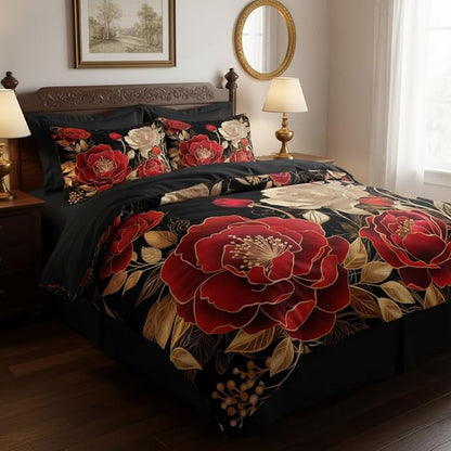 Black and Red Comforter Set Girls King Size Vintage Floral Bedding 3 Pcs Luxury Botanical Flower Quilted Comforter for Elegant Women Bedroom Decor,Red Gold/104"x90"
