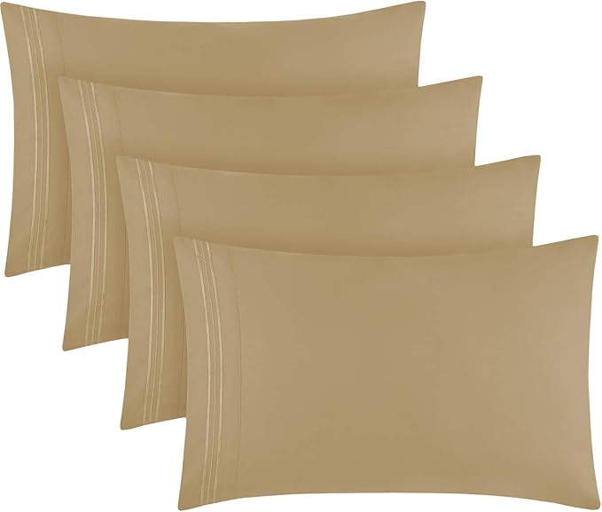 Mellanni Pillow Cases Set - 4 PC Iconic Collection Pillowcases - Hotel Luxury, Extra Soft, Cooling Pillow Covers - Wrinkle, Fade, Stain Resistant (Standard/Queen 20" x 30", Beige)