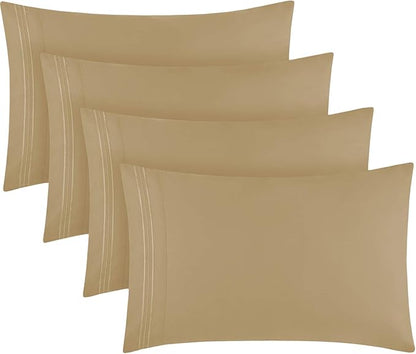 Mellanni Pillow Cases Set - 4 PC Iconic Collection Pillowcases - Hotel Luxury, Extra Soft, Cooling Pillow Covers - Wrinkle, Fade, Stain Resistant (Standard/Queen 20" x 30", Beige)