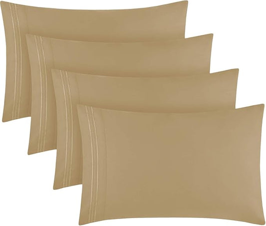 Mellanni Pillow Cases Set - 4 PC Iconic Collection Pillowcases - Hotel Luxury, Extra Soft, Cooling Pillow Covers - Wrinkle, Fade, Stain Resistant (King Size 20" x 40", Beige)