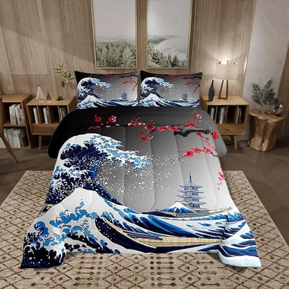 Castle Fairy Ukiyoe Ocean Wave Bedding Set King Size Japanese Style Comforter Set for Girls Boys Historical Building Boat Down Comforter Red Plum Blossom Flower Quilt Set with 2 Pillowcases
