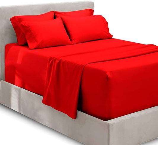 Hearth & Harbor Extra Deep Pocket Sheets - Fits Mattress 18-24 Inches Deep - Extra Deep Pocket Split King Size Sets - 7 Piece Split King Size - Cherry Red