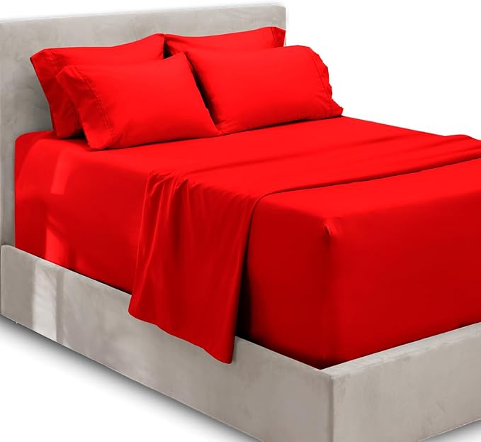 Hearth & Harbor Extra Deep Pocket Sheets - Fits Mattress 18-24 Inches Deep - Extra Deep Pocket Twin Sheets Sets - 4 Piece Twin Size - Cherry Red