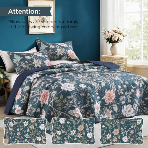 Litanika Floral Teal Quilt California King - 3Pcs Botanical Birds Bed Set