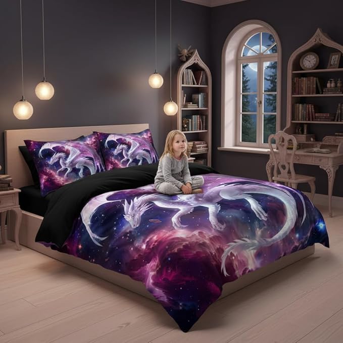 Pink White Dragon Comforter Set Twin Size Fantasy Castle Fairy Princess Bedding Set for Kids Boys Teens Women Decor 3D Animals Quilt Set