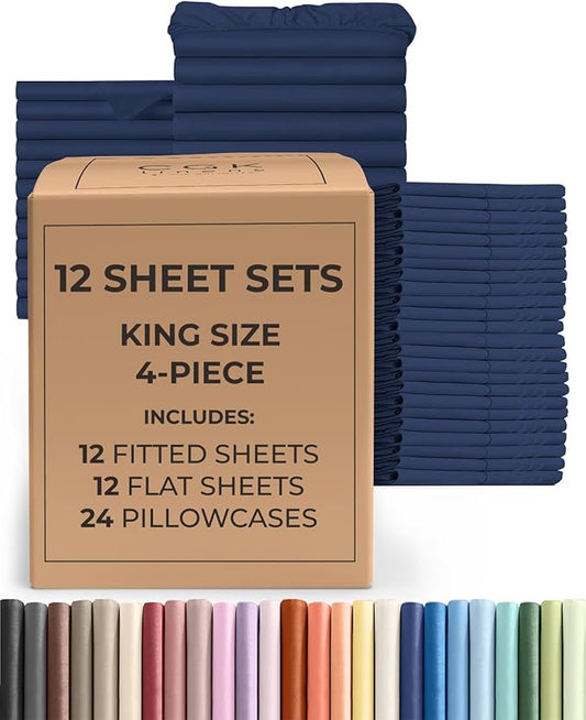 Bulk Case Pack of 12 Sheet Sets - (12) Complete King Size Sheet Sets w/ Deep Pockets - Wholesale Bulk Bedding for Hotels, Spas & Airbnbs - Breathable, Cooling, Soft & Wrinkle Free - (King, Navy Blue)