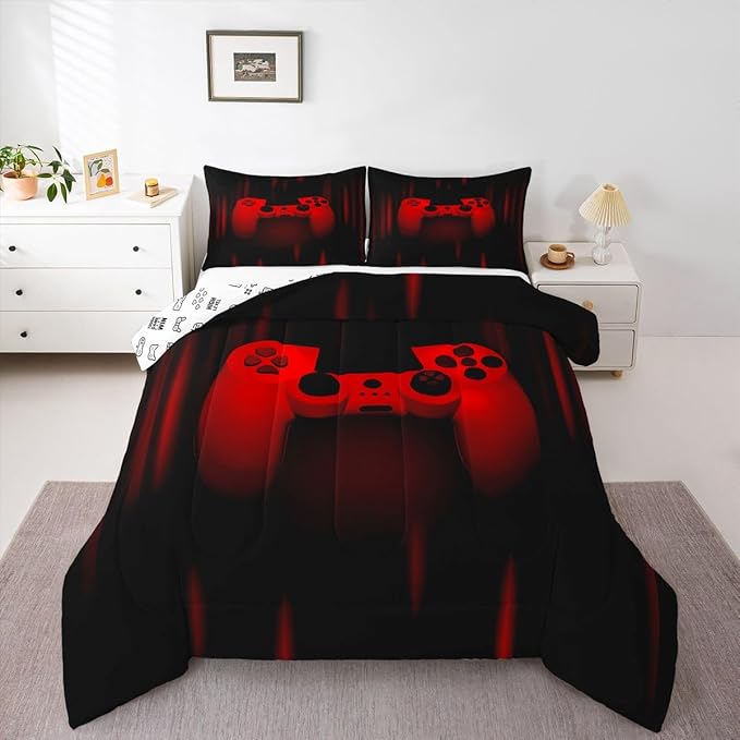 Feelyou Boys Gamer Comforter Set King Size Gaming Bedding Set Kids Video Games Comforter for Teen Child Gamer Room Decor Super Soft Red Black Bed Set Microfiber Game Geometric Duvet Quilted Gamer Gift