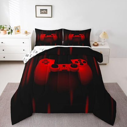 Feelyou Boys Gamer Comforter Set King Size Gaming Bedding Set Kids Video Games Comforter for Teen Child Gamer Room Decor Super Soft Red Black Bed Set Microfiber Game Geometric Duvet Quilted Gamer Gift